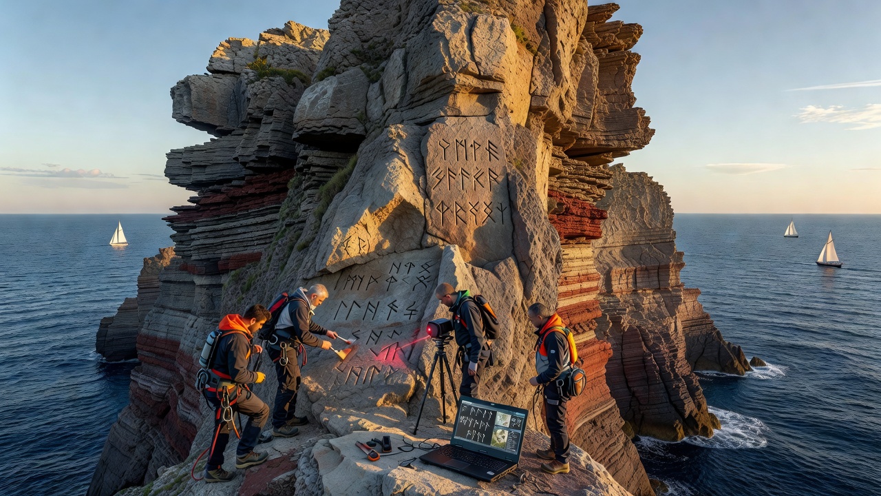 Wide shot of Venora cliff faces with visible inscription locations marked during survey work
